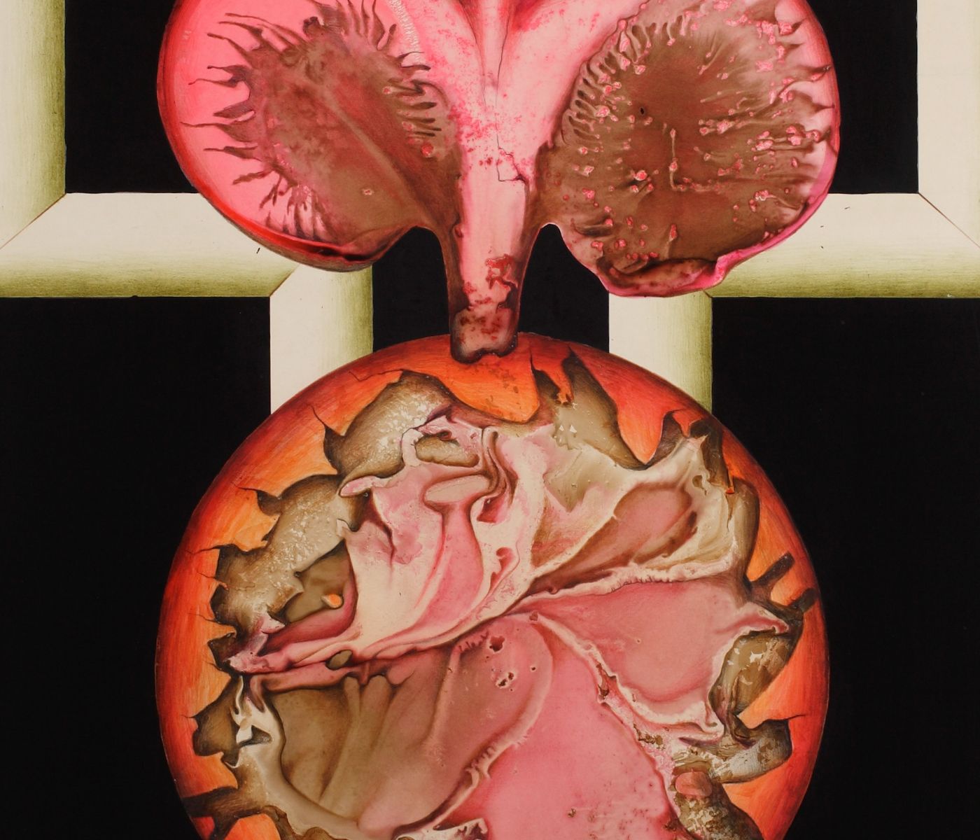 Hilary Krzysztofiak, Red figure hanging from a cross [Czerwona postać zawieszona na krzyżu], 1969, oil, cardboard on panel, 100 x 65 cm, photo by Piotr Kurek © Fundacja Hilarego Krzysztofiaka/Hilary Krzysztofiak Foundation 